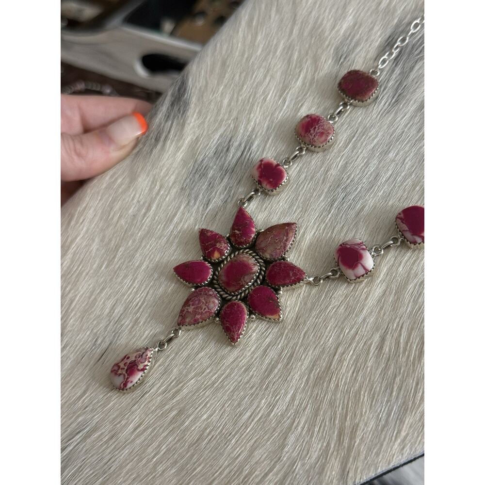 Native American SW Sterling Silver Pink Red Jasper Huge Cluster Necklace Lariat - Picture 3 of 16